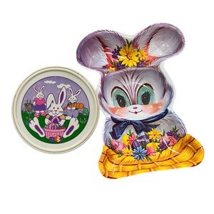 Mixed lot vintage plastic serving platter & cookie container spring Easter bunny